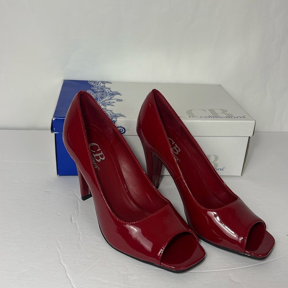 CB Collections Women’s Sz 7.5 Shoes with Heel Peeptoe RED PATENT LEATHER Org Box
